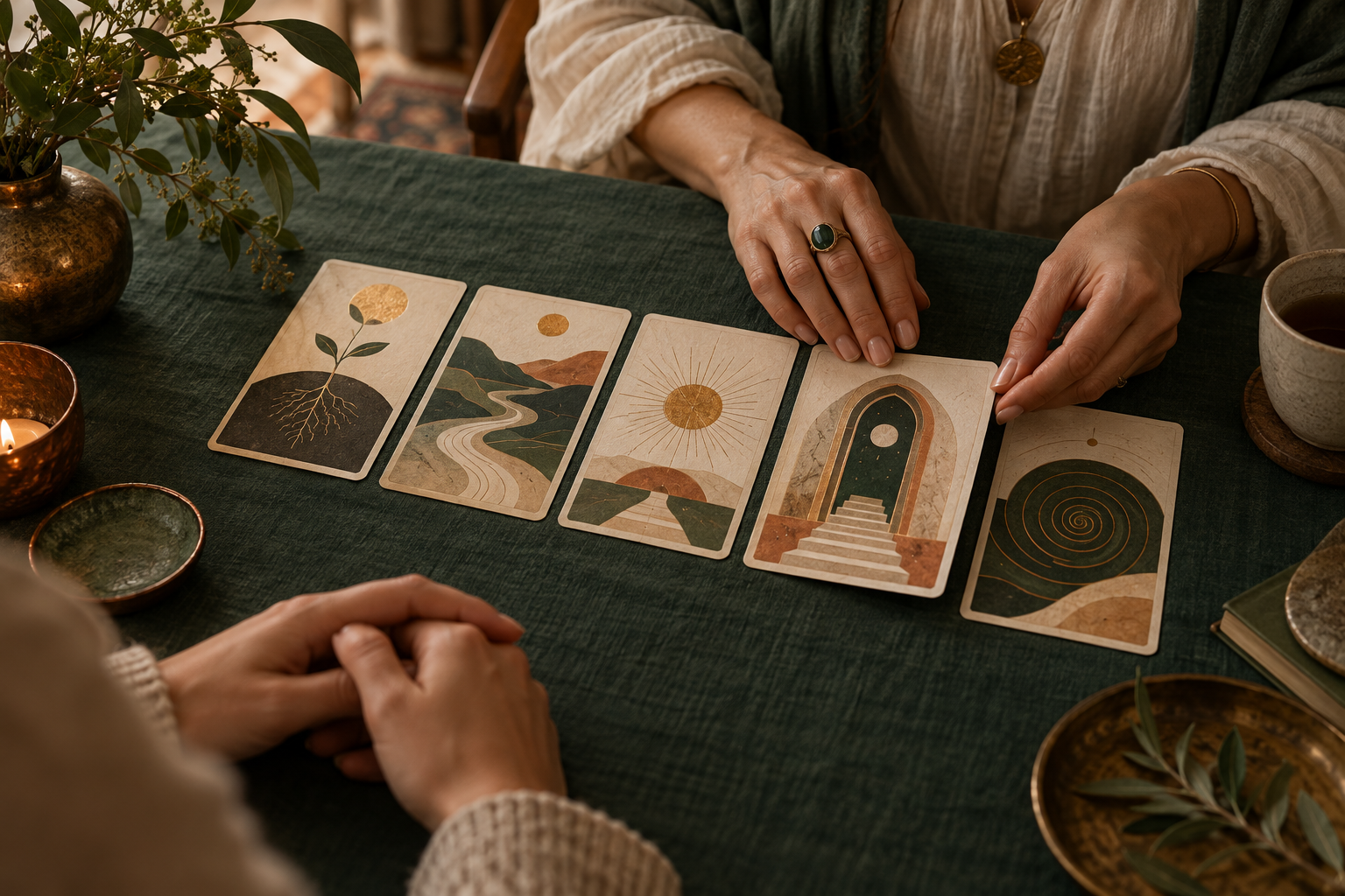 Mesa de Tarot em tons verdes e terrosos